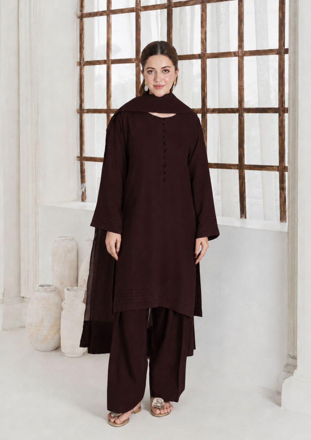 3Pc Silk Viscose with Farshi Shalwar with Organza Dupatta RIW-R26-0040