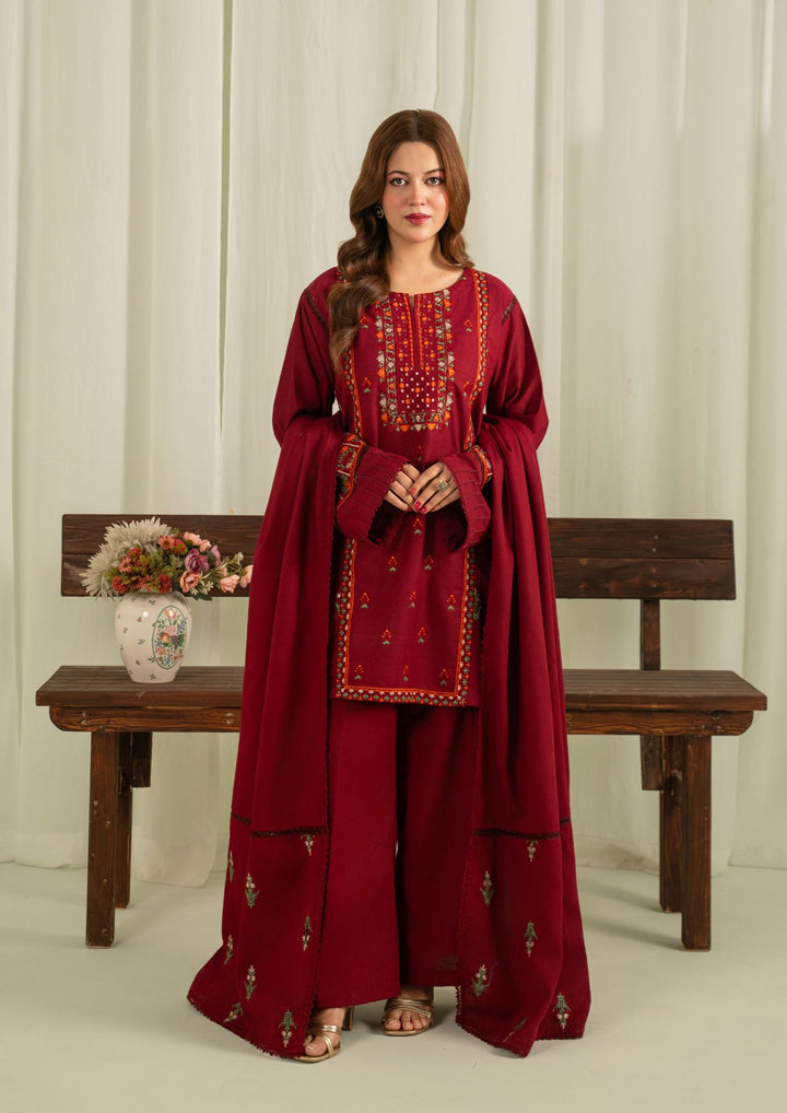 3Pc Karandi Embroidered with Karandi Shawl Maroon AFP-A25-0012