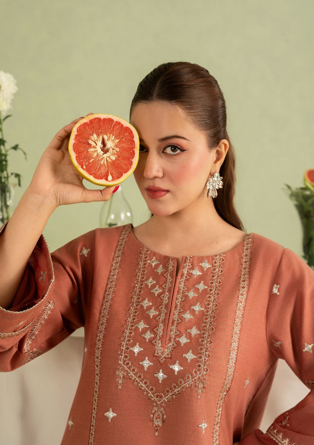 3Pc Silk Karandi Embroidered with Alpine Wool Shawl Cinnamon-Rose AFP-A25-0009