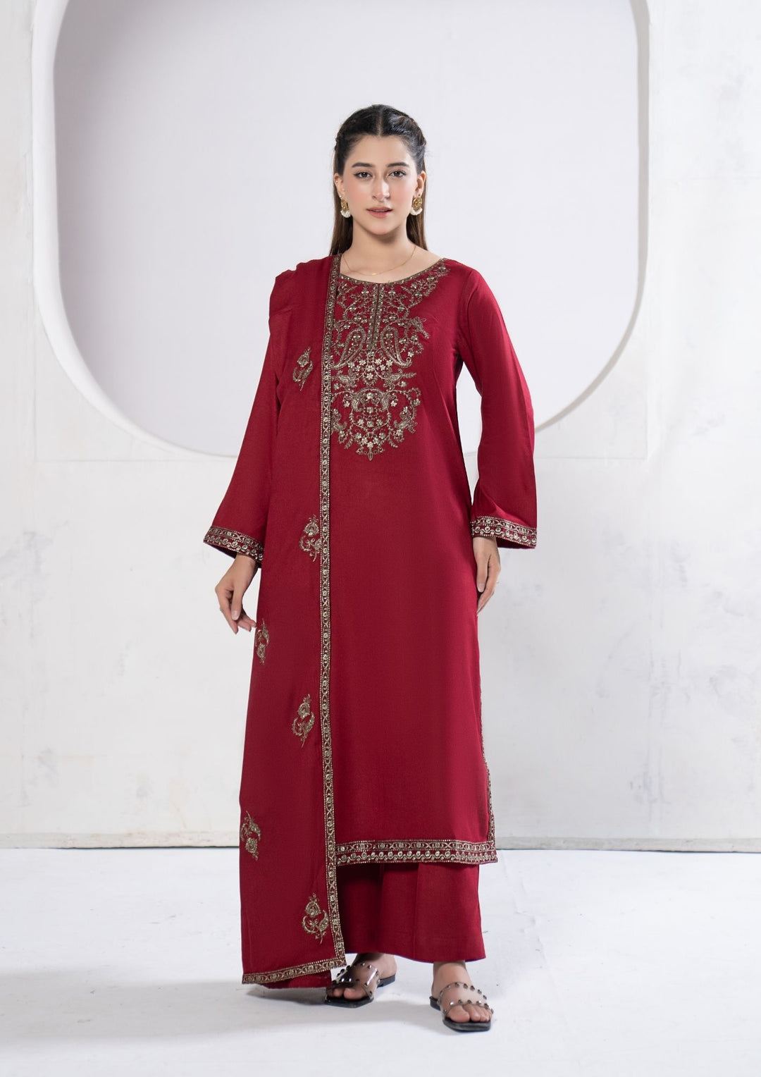3Pc Tilla Embroidered Alpine Karandi Maroon SAY-W26-0004