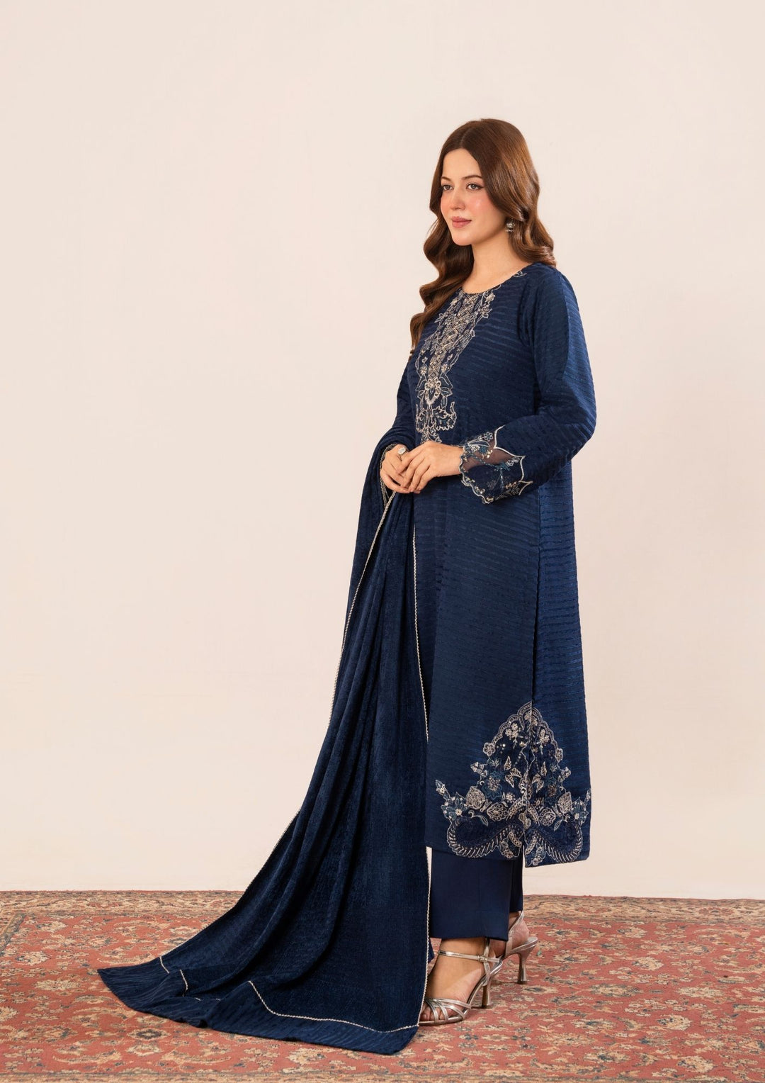 3Pc Alpine Velvet Tilla Embroidered with Velvet Shawl Navy AFP-A25-0005