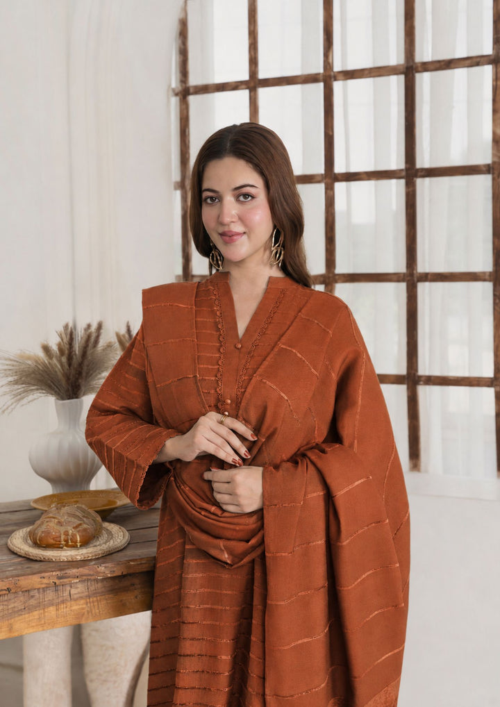 3pc Alpine Velvet Shirt with Velvet Border Shawl and Plain Trouser Rust AML-W26-0004