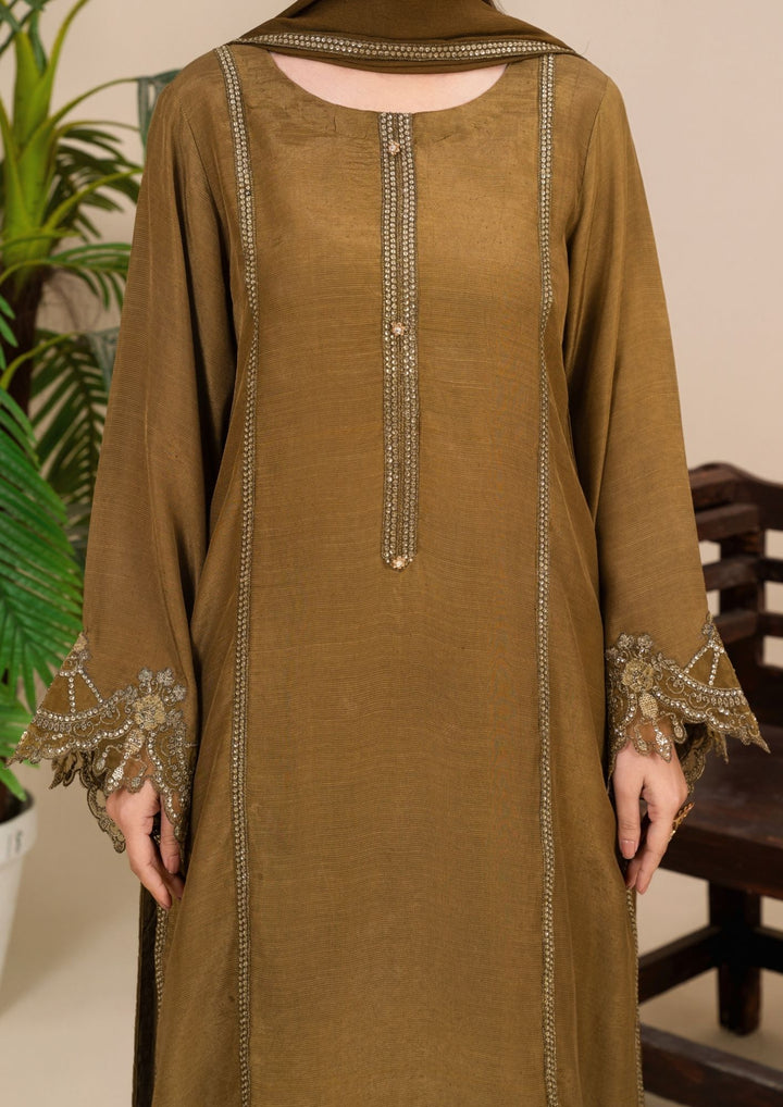 3Pc Embroidered Silk Viscose Olivish Brown JASHAN-J26-0023