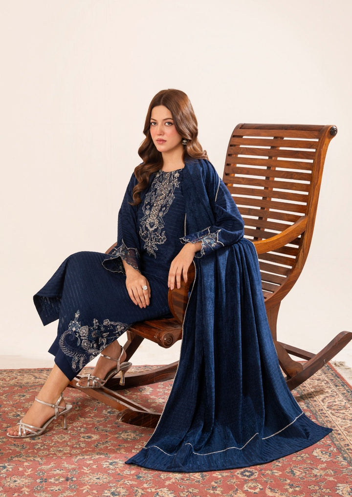 3Pc Alpine Velvet Tilla Embroidered with Velvet Shawl Navy AFP-A25-0005