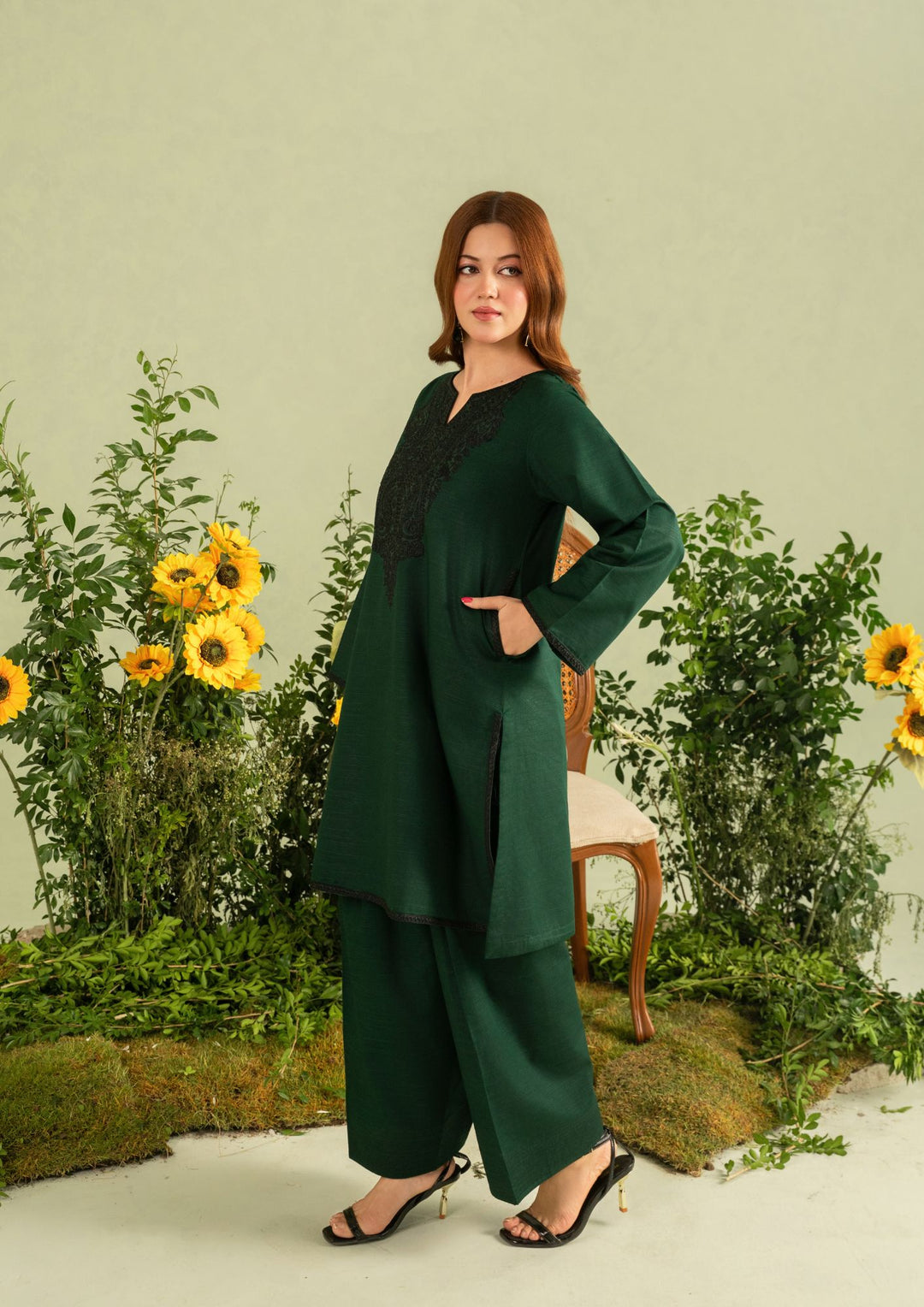 2pc Embroidered Khaddar with Farshi Shalwar Bottle Green AML-W25-0053