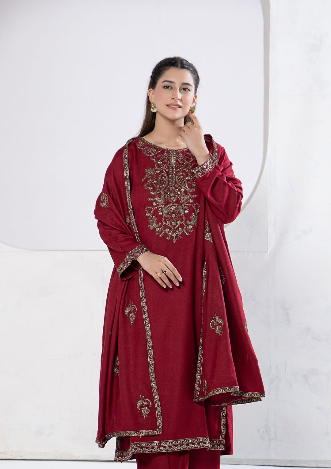 3Pc Tilla Embroidered Alpine Karandi Maroon SAY-W26-0004