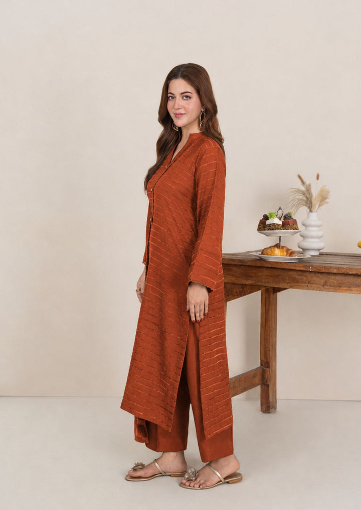 3pc Alpine Velvet Shirt with Velvet Border Shawl and Plain Trouser Rust AML-W26-0004