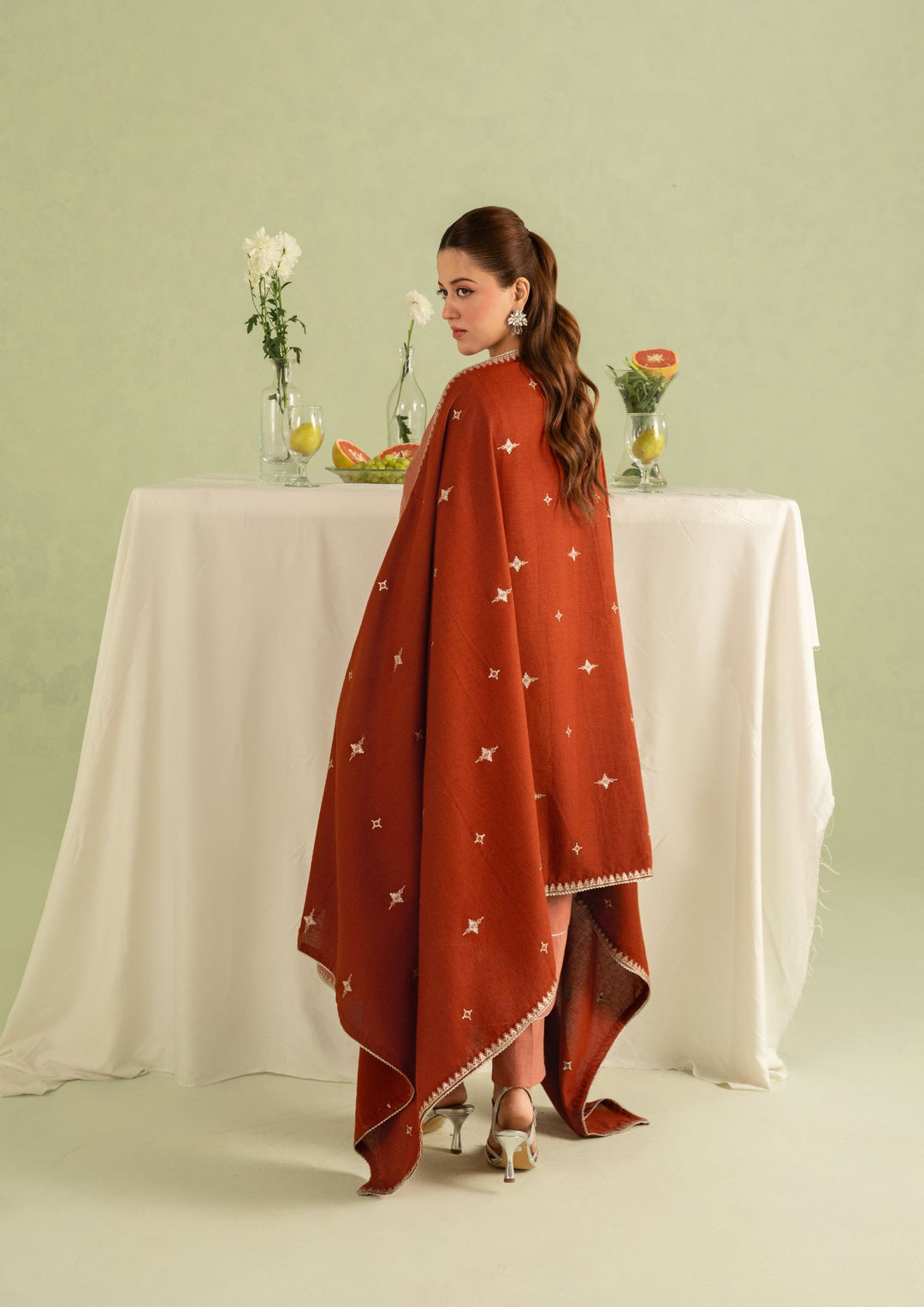 3Pc Silk Karandi Embroidered with Alpine Wool Shawl Cinnamon-Rose AFP-A25-0009