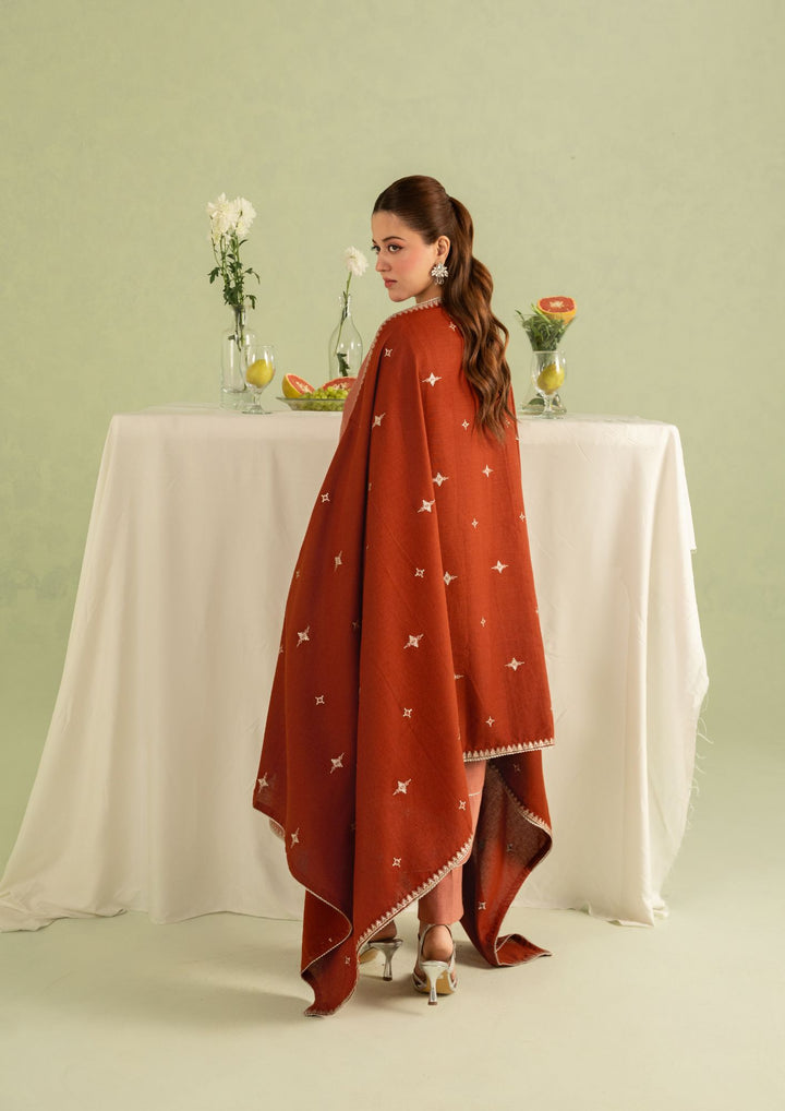 3Pc Silk Karandi Embroidered with Alpine Wool Shawl Cinnamon-Rose AFP-A25-0009