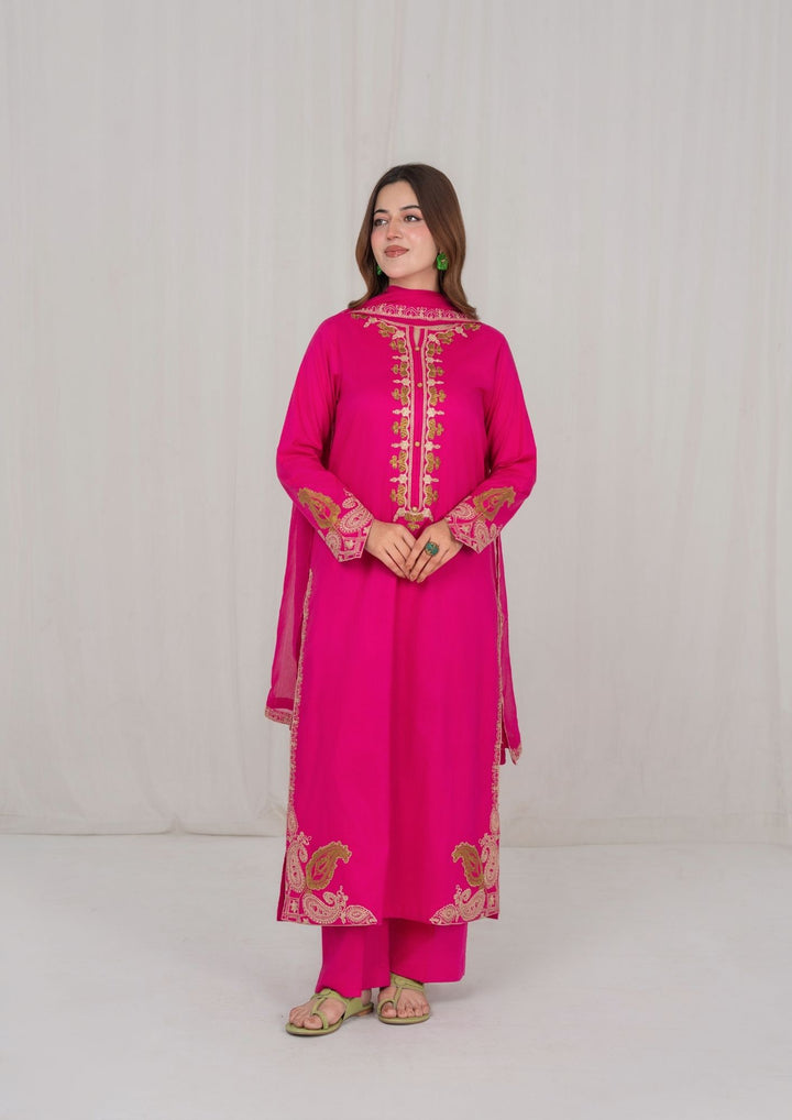 3Pc Hot Pink Embroidered Lawn with Chiffon Dupatta RIW-R26-0004