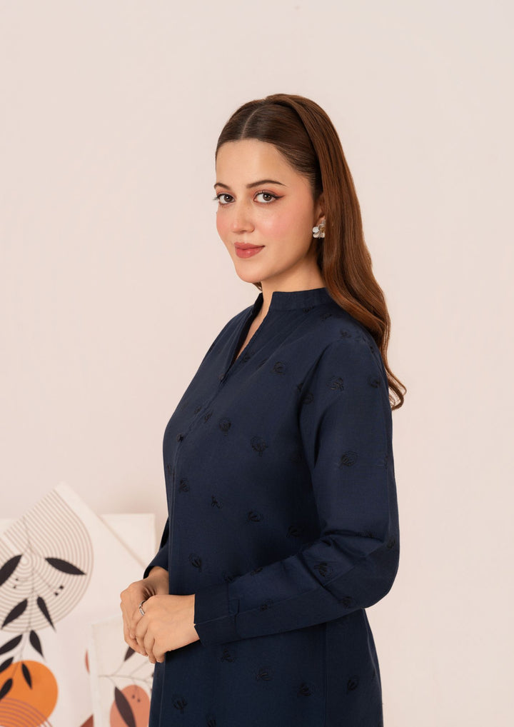2pc Schiffli Embroidered Cambric Navy Set Rozana-W25-0028