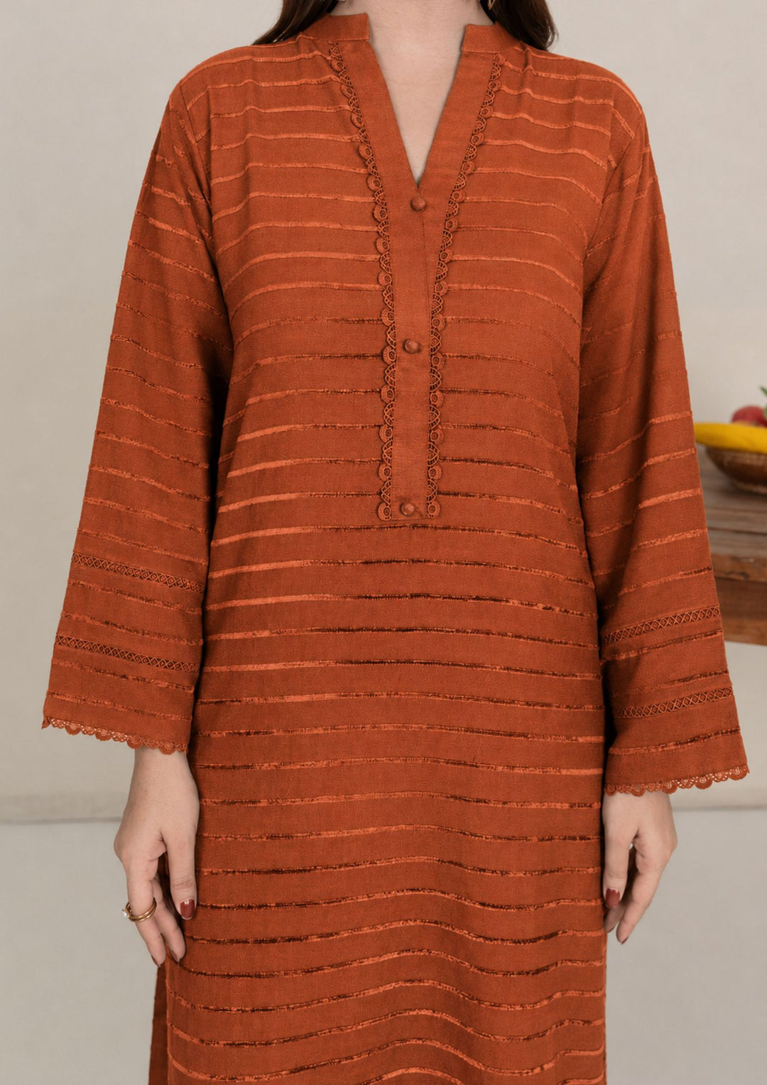 3pc Alpine Velvet Shirt with Velvet Border Shawl and Plain Trouser Rust AML-W26-0004