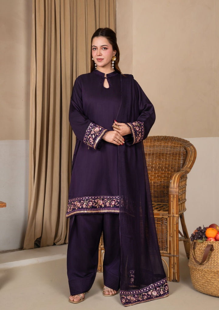 3Pc Embroidered Silk Viscose with Farshi Shalwar Plum JASHAN-J26-0004