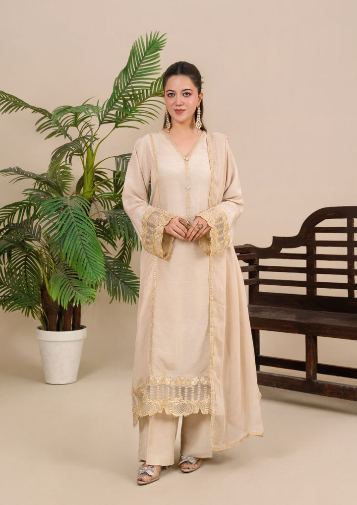 3Pc Embroidered Silk Viscose Ivory Beige JASHAN-J26-0022