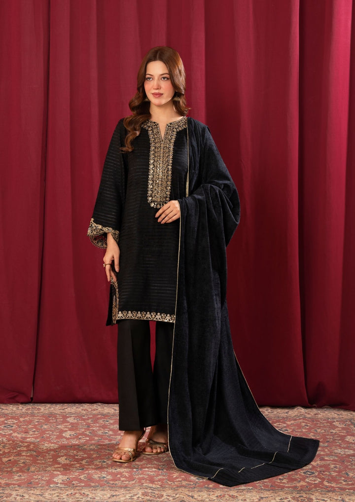 3Pc Alpine Velvet Tilla Embroidered with Velvet Shawl Black AFP-A25-0002