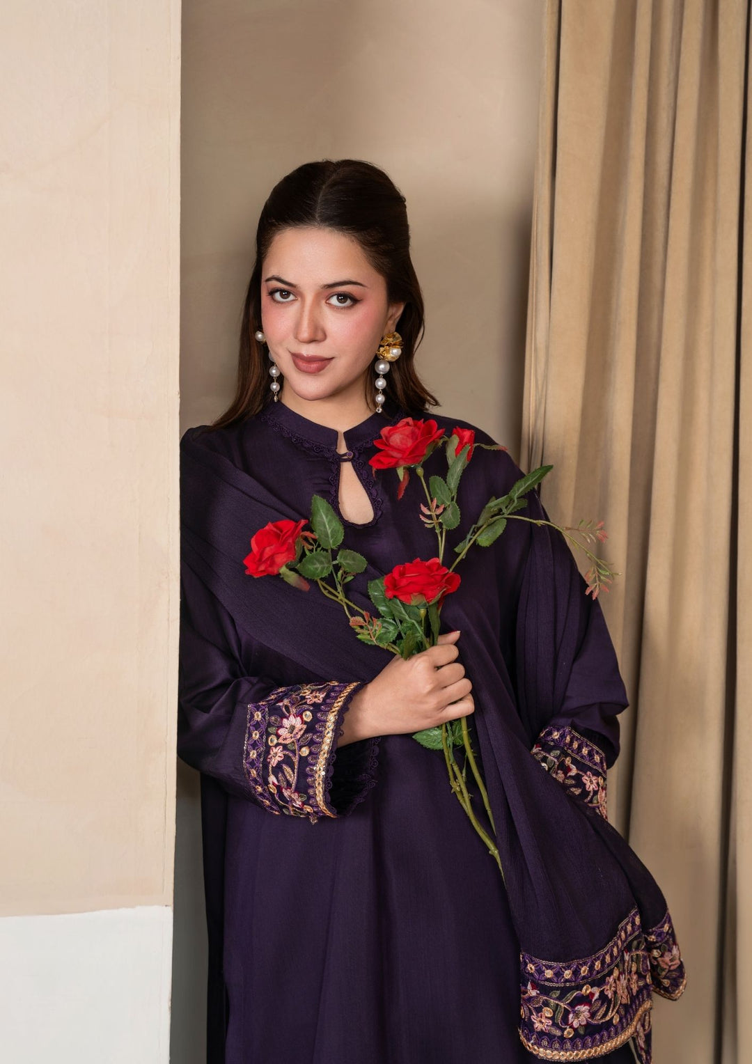 3Pc Embroidered Silk Viscose with Farshi Shalwar Plum JASHAN-J26-0004