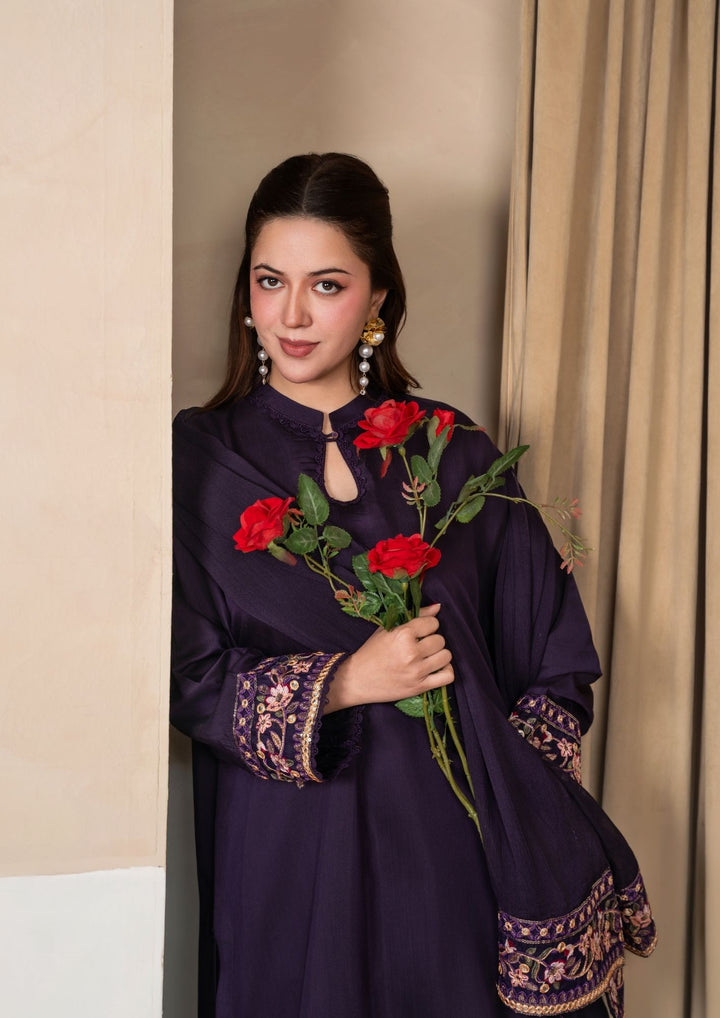 3Pc Embroidered Silk Viscose with Farshi Shalwar Plum JASHAN-J26-0004