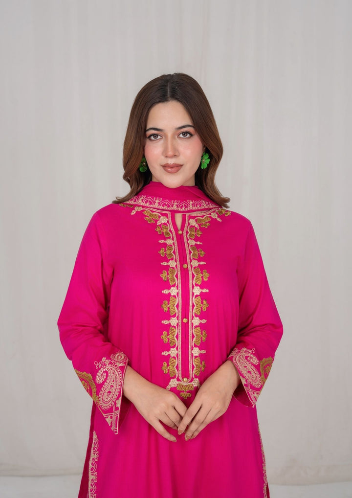 3Pc Hot Pink Embroidered Lawn with Chiffon Dupatta RIW-R26-0004