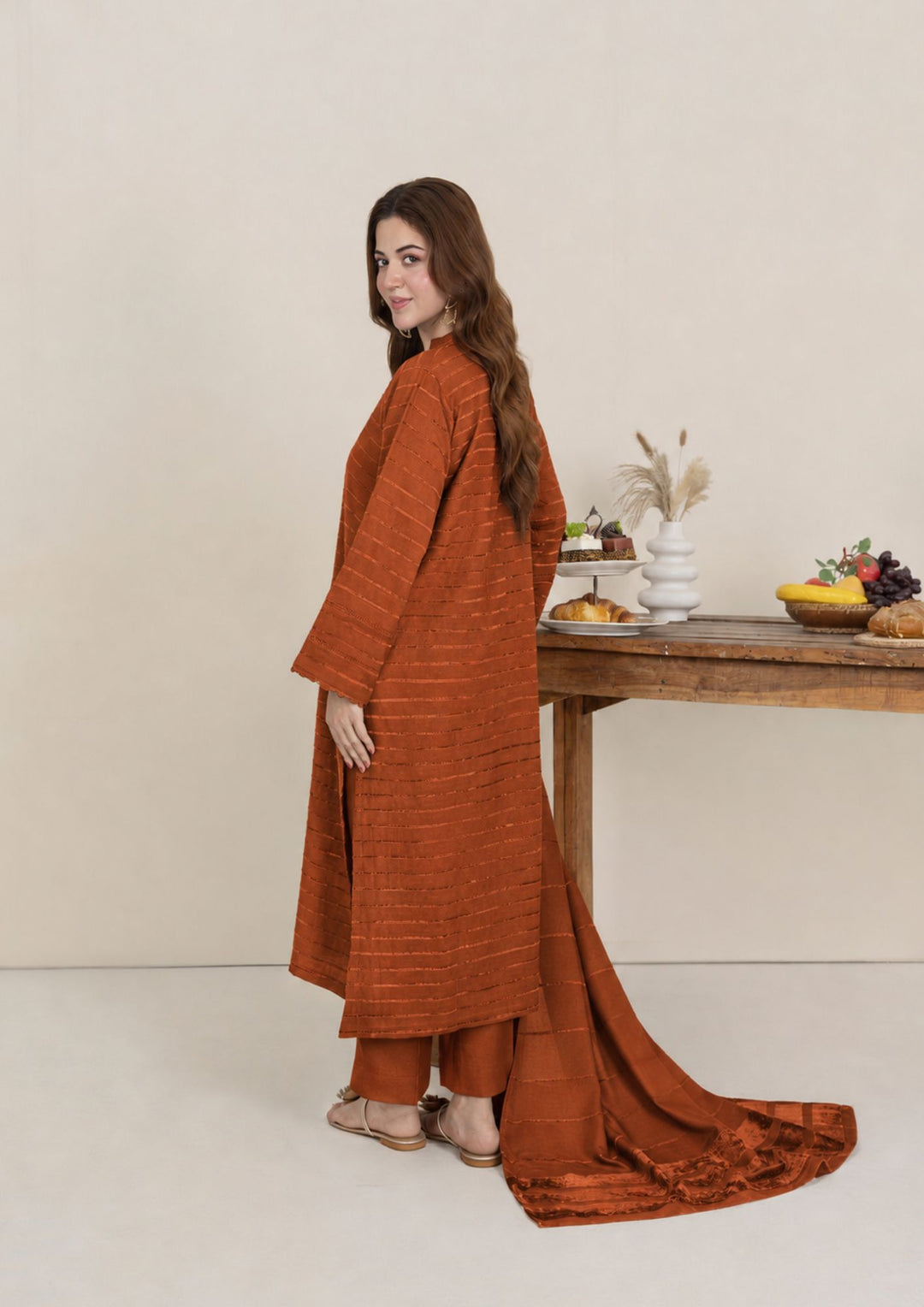 3pc Alpine Velvet Shirt with Velvet Border Shawl and Plain Trouser Rust AML-W26-0004
