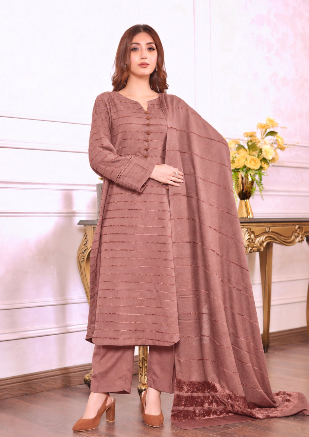 3pc Alpine Velvet Shirt with Velvet Border Shawl and Plain Trouser Tea Pink AML-W26-0008