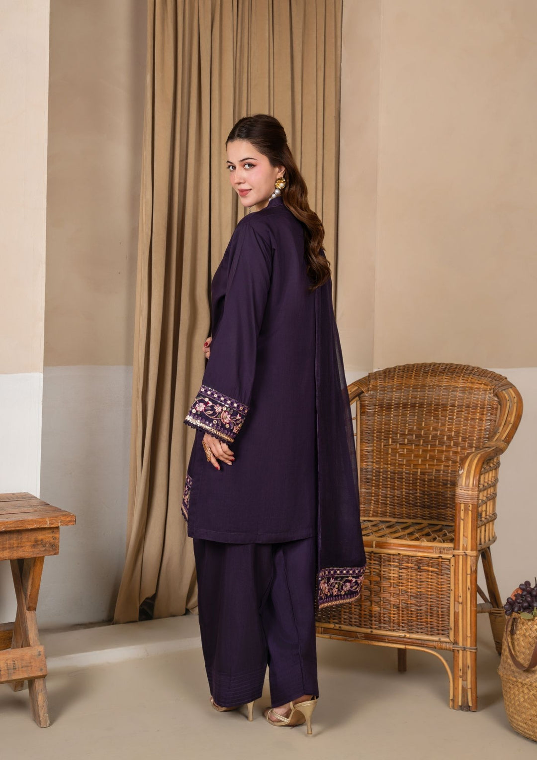 3Pc Embroidered Silk Viscose with Farshi Shalwar Plum JASHAN-J26-0004