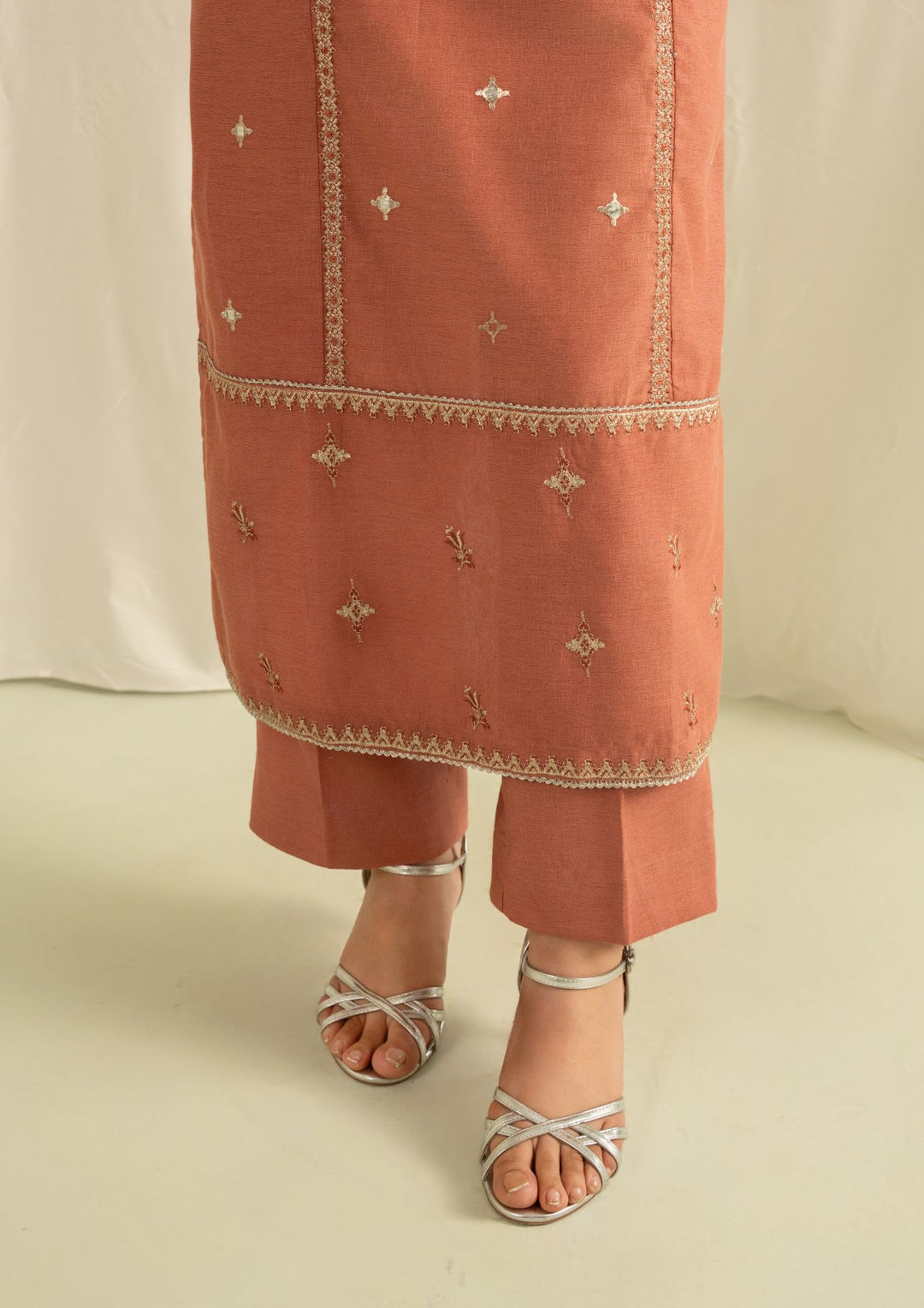 3Pc Silk Karandi Embroidered with Alpine Wool Shawl Cinnamon-Rose AFP-A25-0009