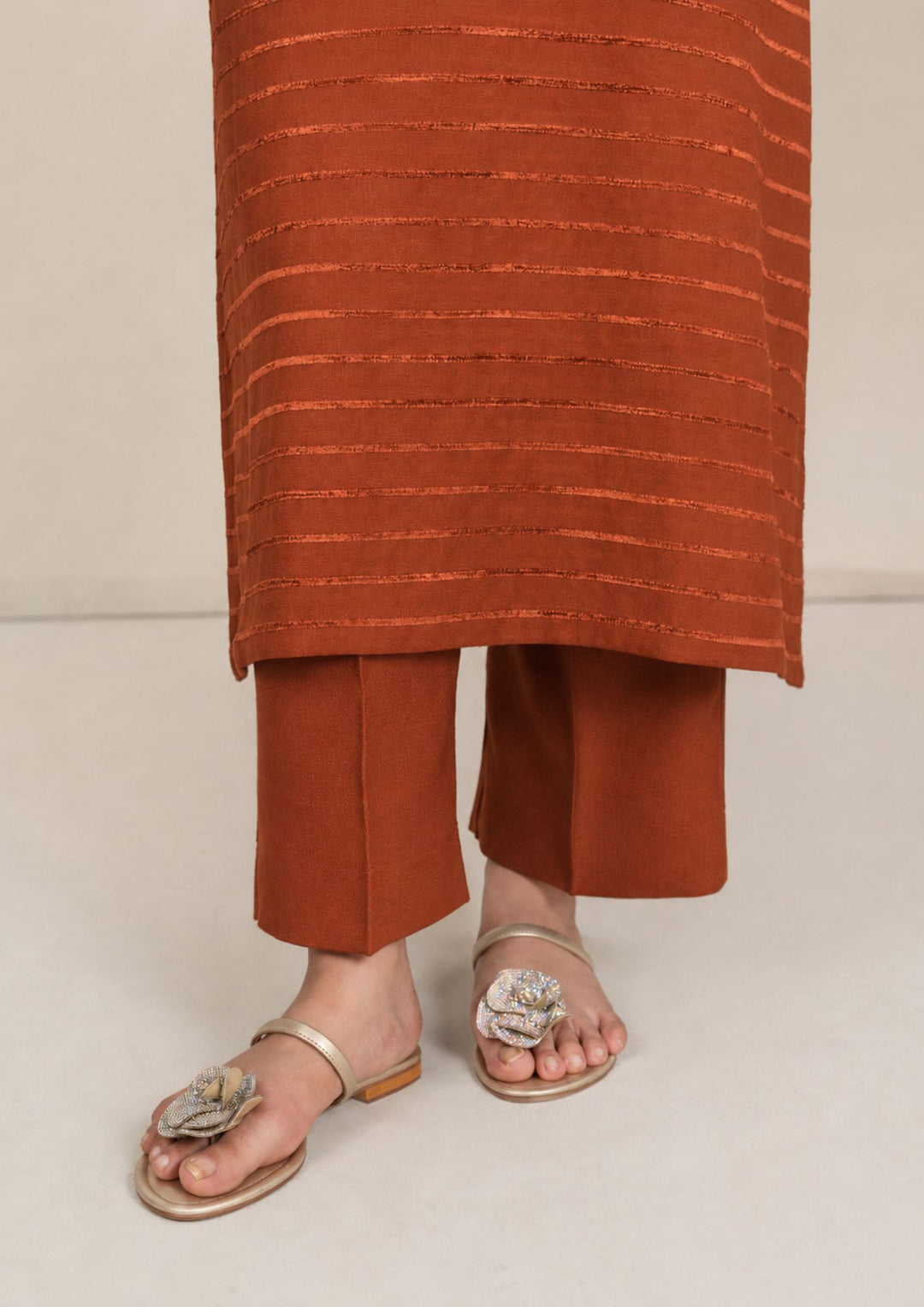 3pc Alpine Velvet Shirt with Velvet Border Shawl and Plain Trouser Rust AML-W26-0004