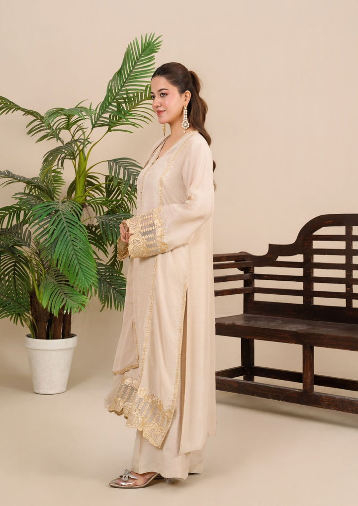 3Pc Embroidered Silk Viscose Ivory Beige JASHAN-J26-0022