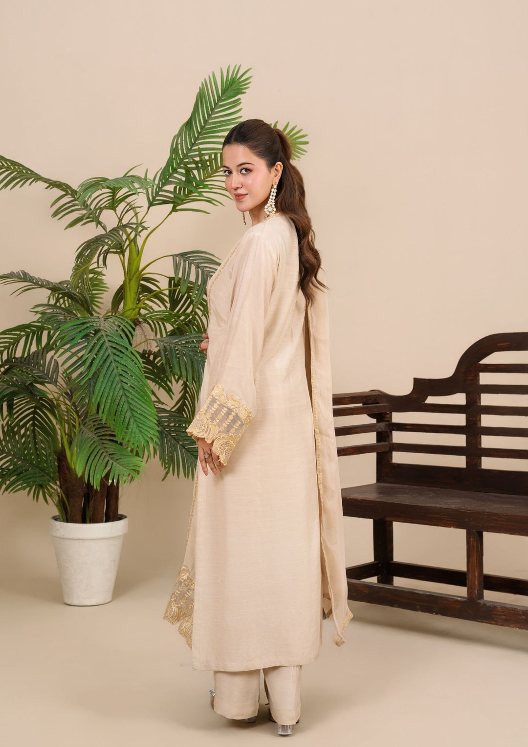 3Pc Embroidered Silk Viscose Ivory Beige JASHAN-J26-0022