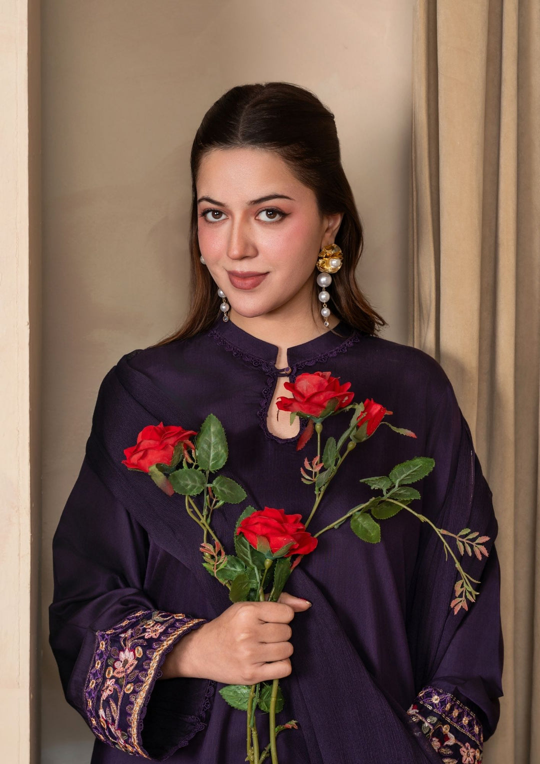 3Pc Embroidered Silk Viscose with Farshi Shalwar Plum JASHAN-J26-0004