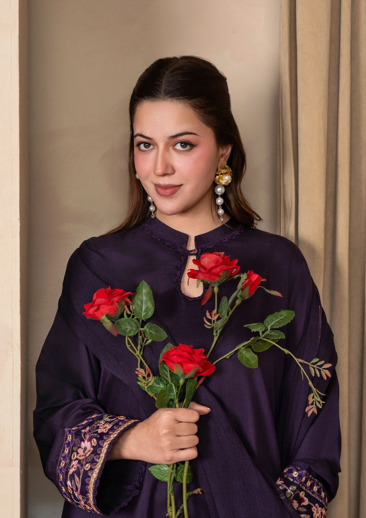 3Pc Embroidered Silk Viscose with Farshi Shalwar Plum JASHAN-J26-0004