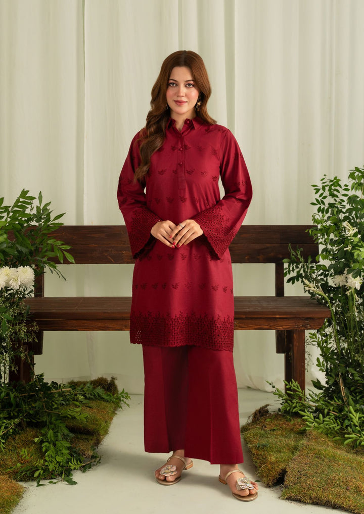 2pc Schiffli Embroidered Cambric Maroon Set Rozana-W25-0029