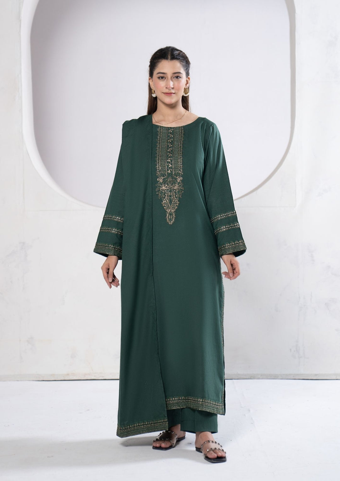 3Pc Tilla Embroidered Alpine Karandi Bottle Green SAY-W26-0005