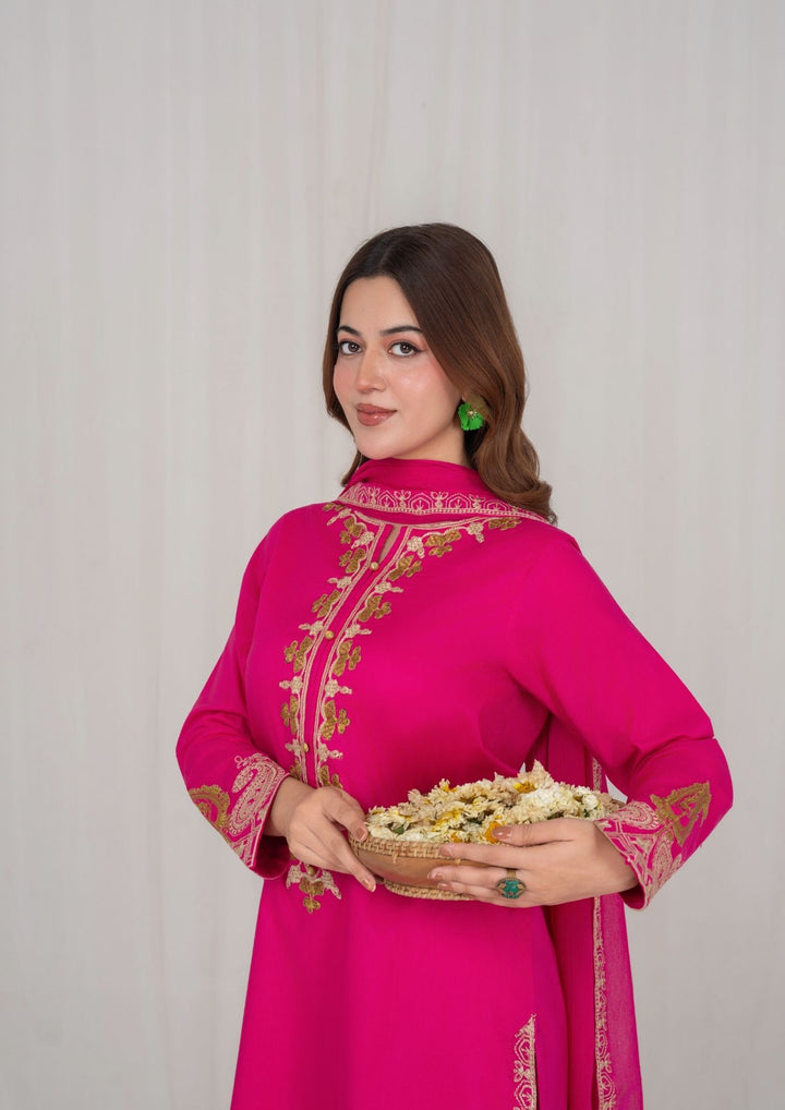 3Pc Hot Pink Embroidered Lawn with Chiffon Dupatta RIW-R26-0004