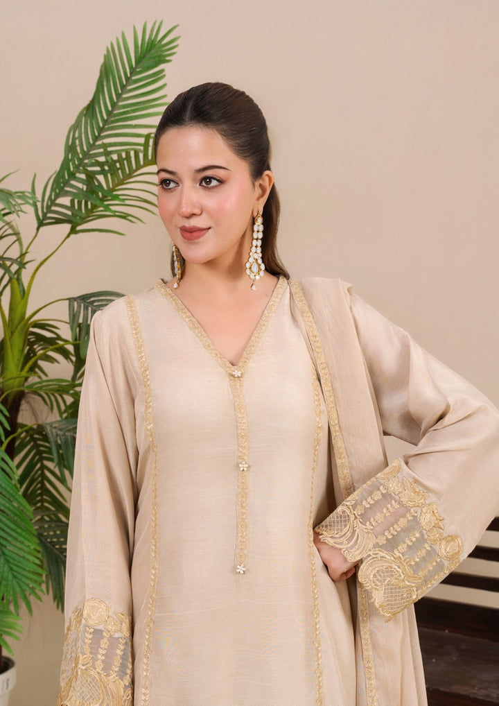 3Pc Embroidered Silk Viscose Ivory Beige JASHAN-J26-0022