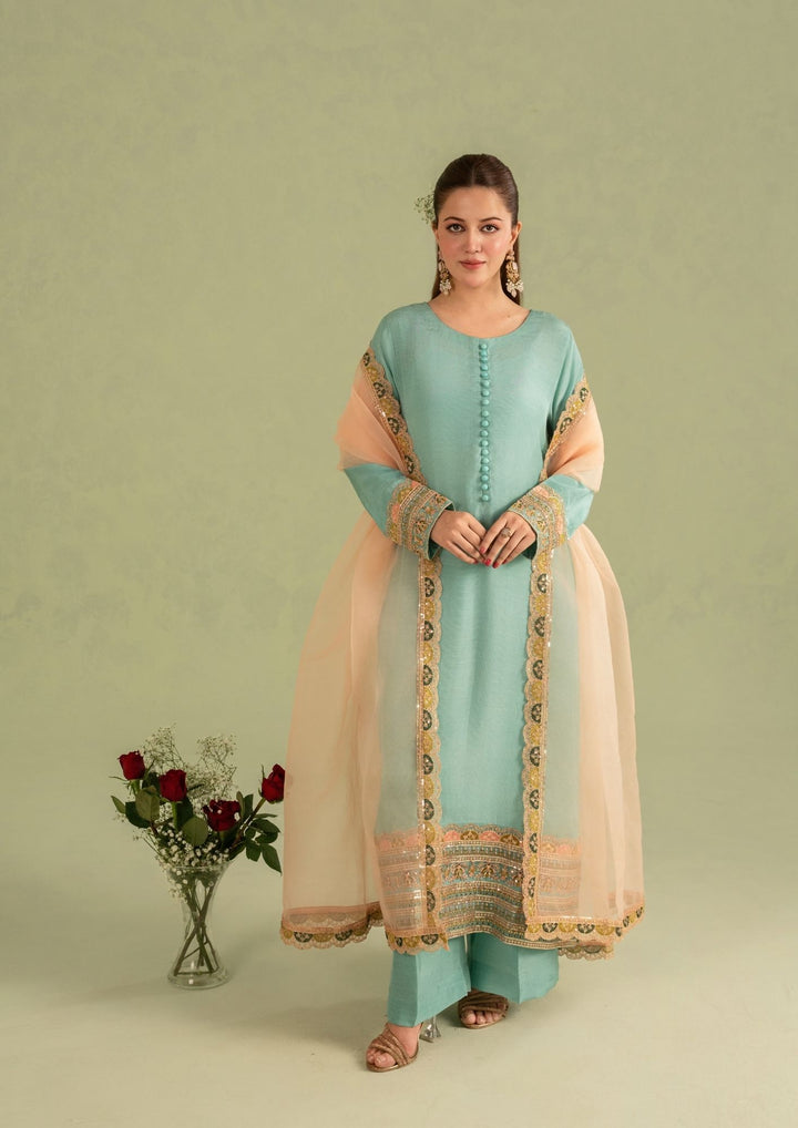 3Pc Embroidered Raw Silk with Organza Dupatta Sky Blue | LUXE-L25-0004