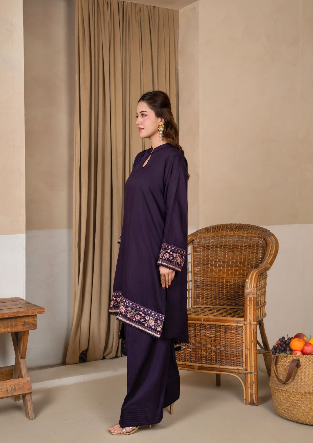 3Pc Embroidered Silk Viscose with Farshi Shalwar Plum JASHAN-J26-0004