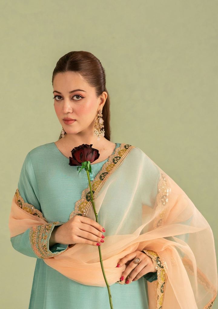 3Pc Embroidered Raw Silk with Organza Dupatta Sky Blue | LUXE-L25-0004