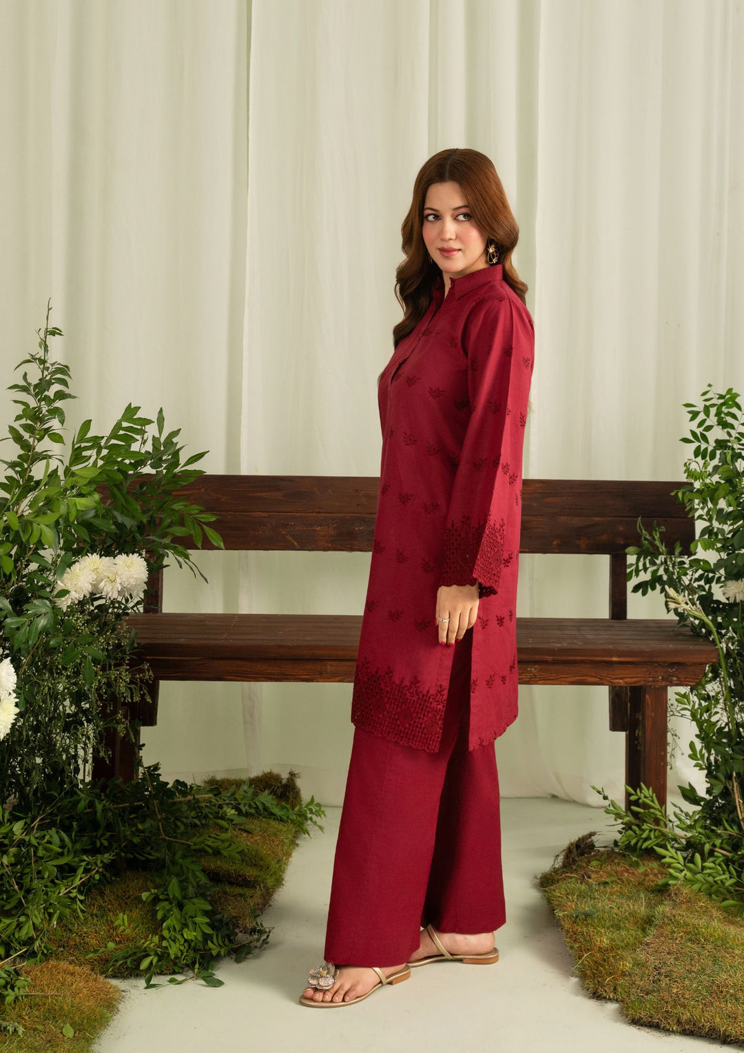 2pc Schiffli Embroidered Cambric Maroon Set Rozana-W25-0029