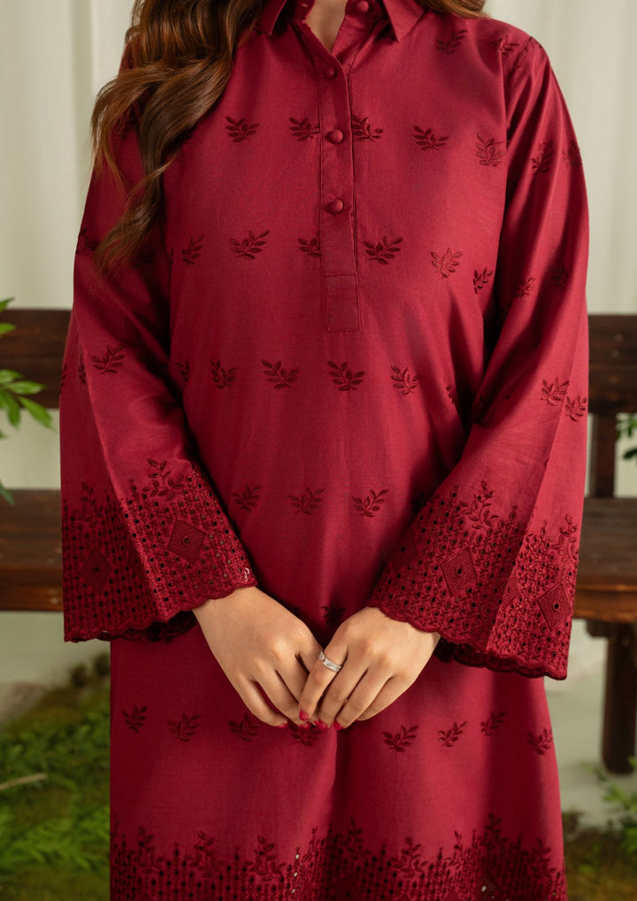 2pc Schiffli Embroidered Cambric Maroon Set Rozana-W25-0029