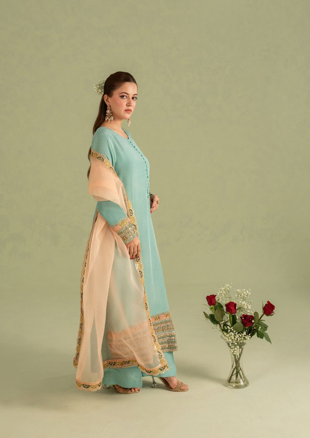 3Pc Embroidered Raw Silk with Organza Dupatta Sky Blue | LUXE-L25-0004