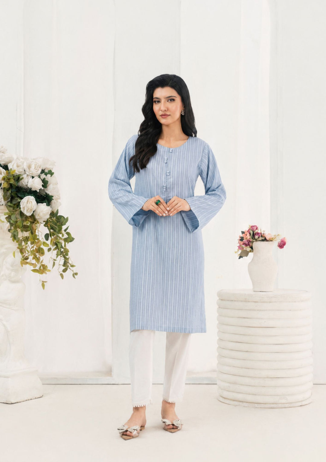 1Pc Black Stripe Bubble Lawn Tunic SOLID-R24-0012