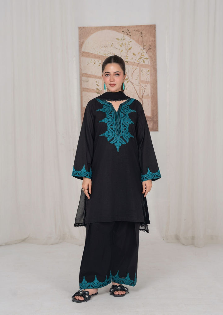 3Pc Black Embroidered Lawn with Chiffon Dupatta RIW-R26-0005