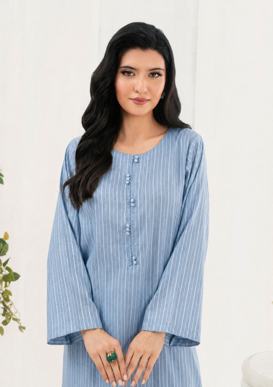 1Pc Black Stripe Bubble Lawn Tunic SOLID-R24-0012