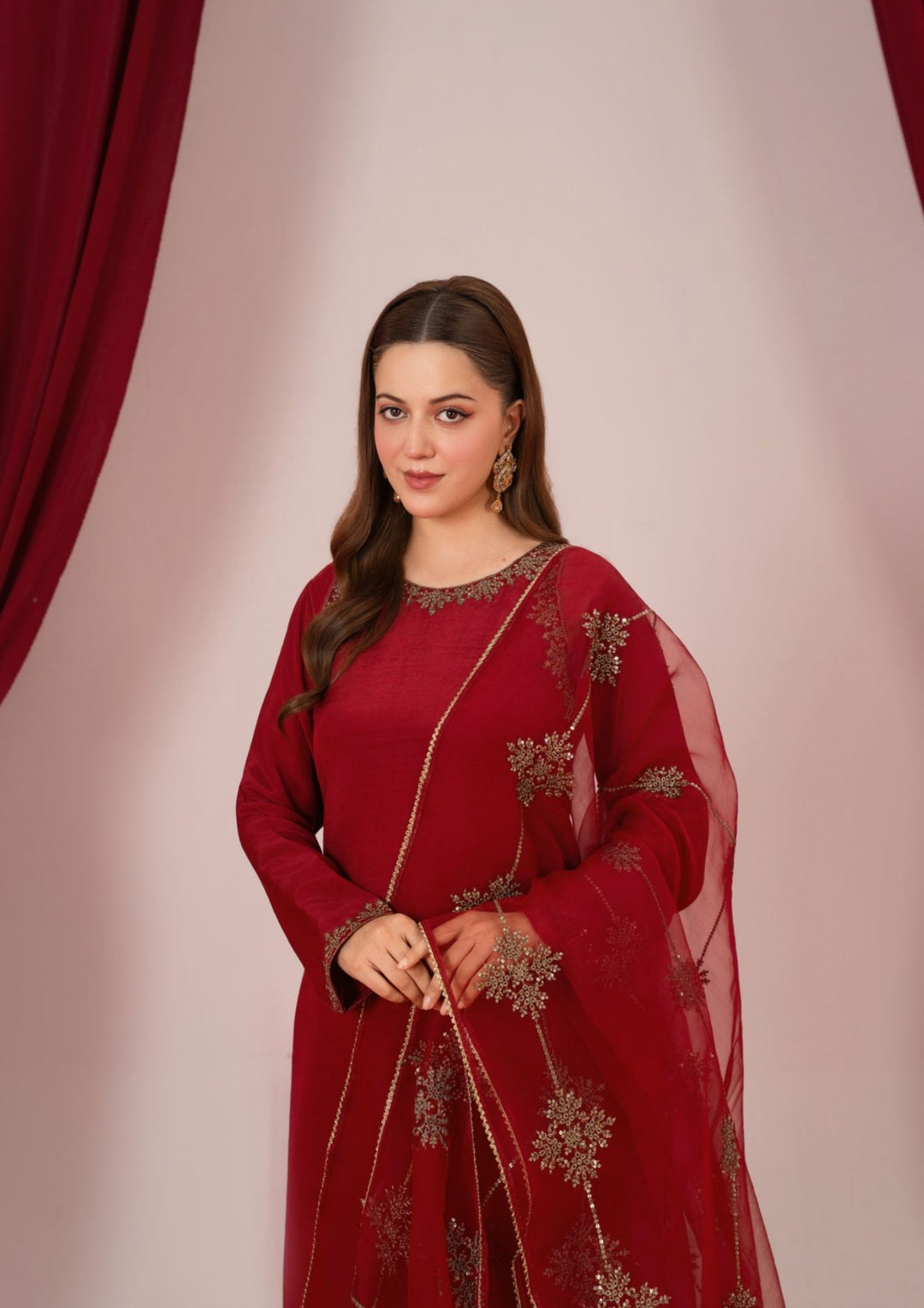 3Pc Embroidered Raw Silk with Organza Dupatta Maroon | LUXE-L25-0002