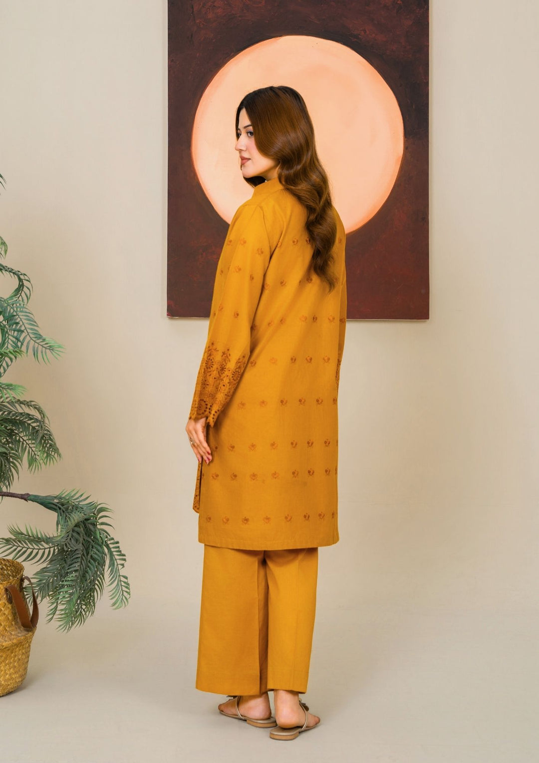 2pc Schiffli Embroidered Cambric Mustard Set | BASANT-B25-0006