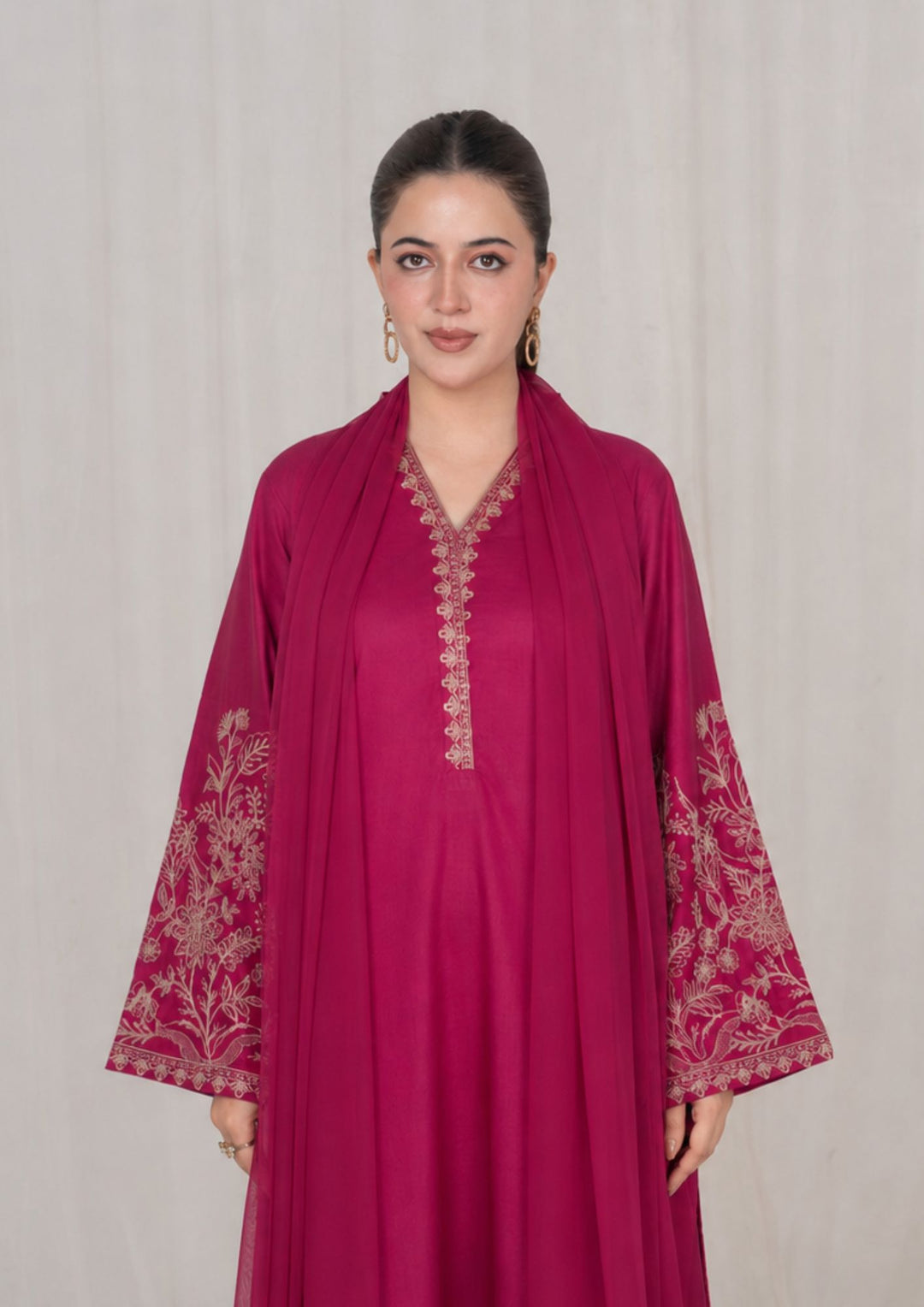 3Pc Burgundy Embroidered Lawn with Chiffon Dupatta RIW-R26-0034