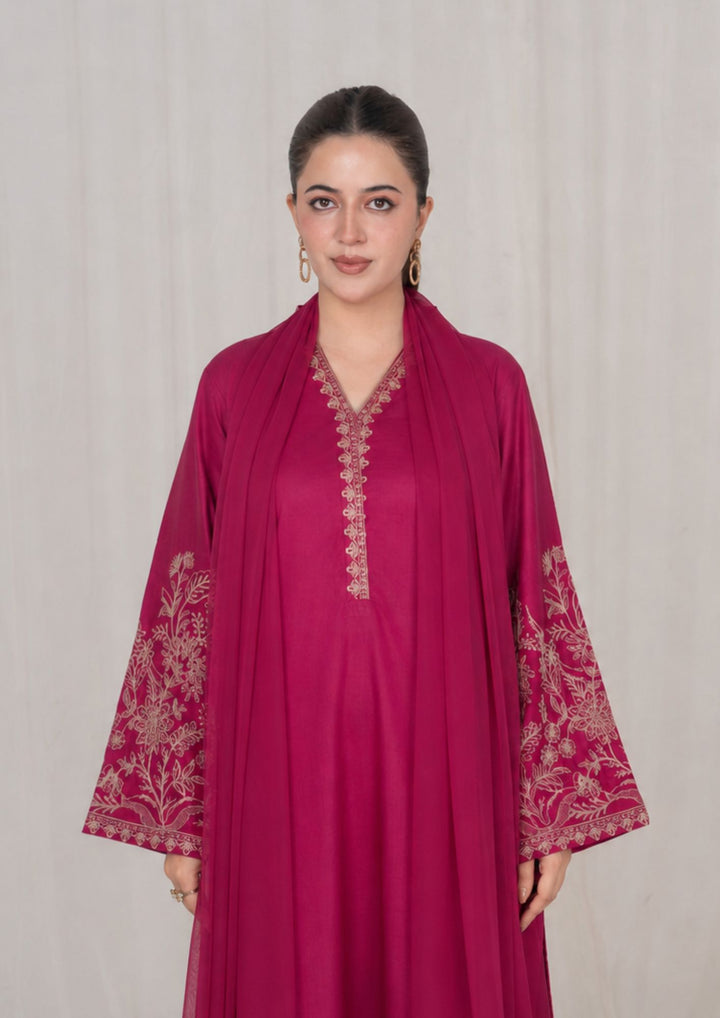 3Pc Burgundy Embroidered Lawn with Chiffon Dupatta RIW-R26-0034