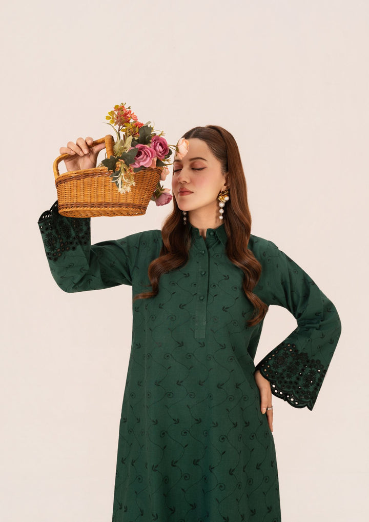 2pc Schiffli Embroidered Cambric Bottle Green Set Rozana-W25-0026