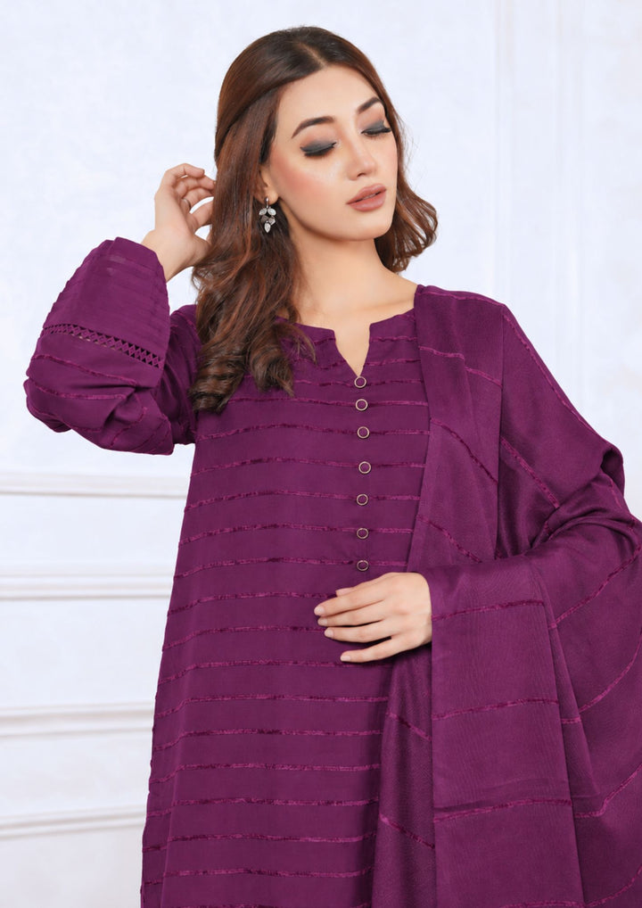 3pc Alpine Velvet Shirt with Velvet Border Shawl and Plain Trouser Magenta AML-W26-0005